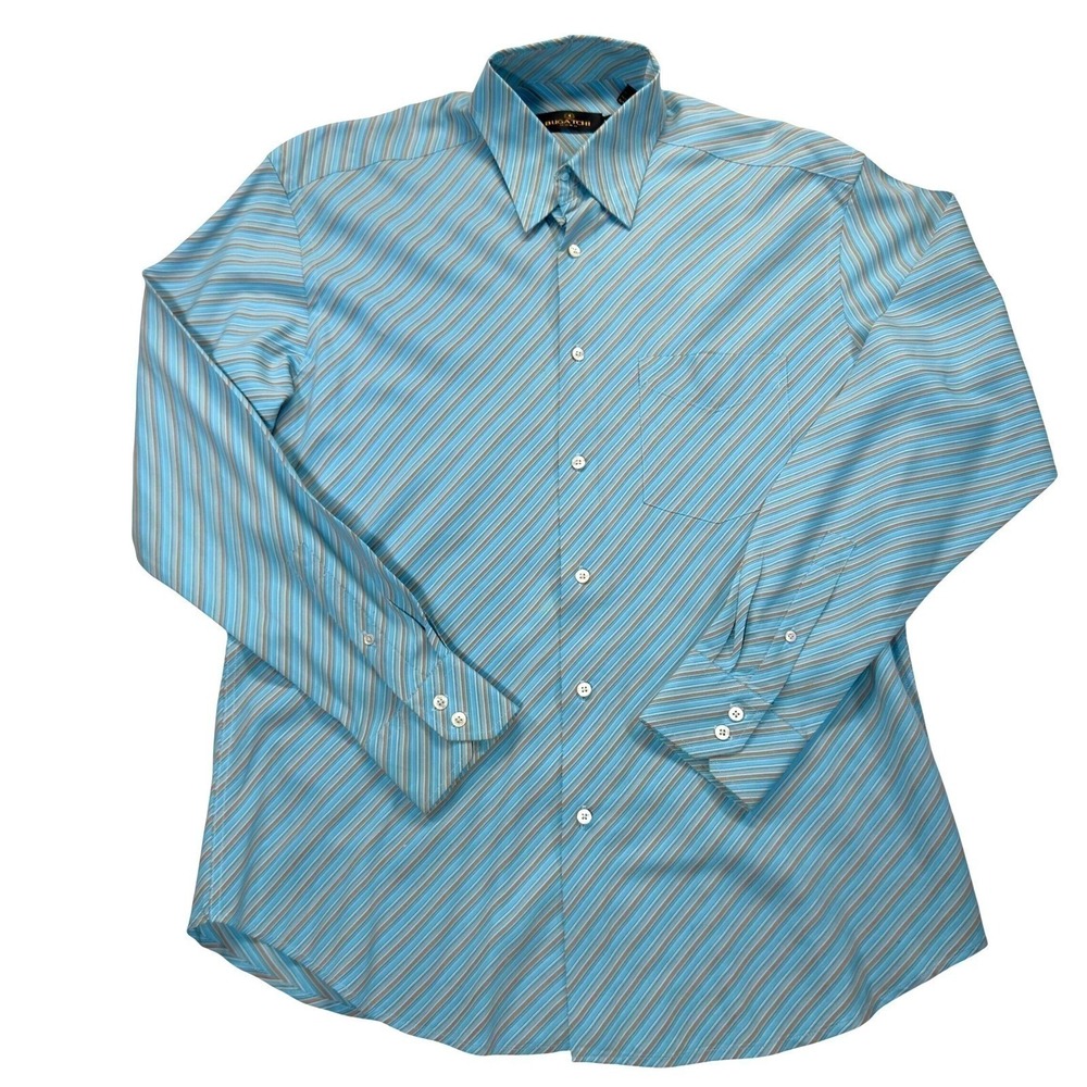Bugatchi Uomo Mens Large Blue Brown Striped Modal Blend Long Sleeve Shirt - Picture 2 of 8